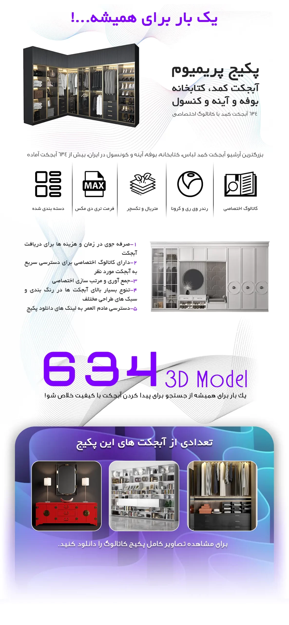 مدل سه بعدی کمد، آینه و کنسول، بوفه و کتابخانه